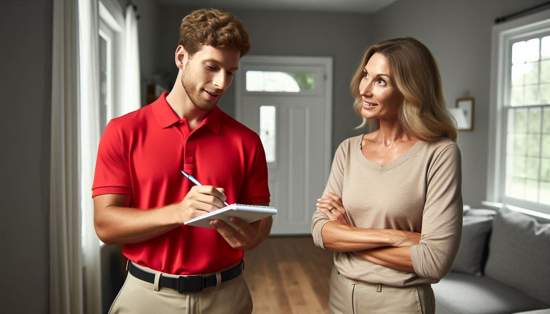 Man in red polo and khaki pants holding a pen and notepad taking notes stands next to a woman with brown shirt and pants, arm folded, smiling.