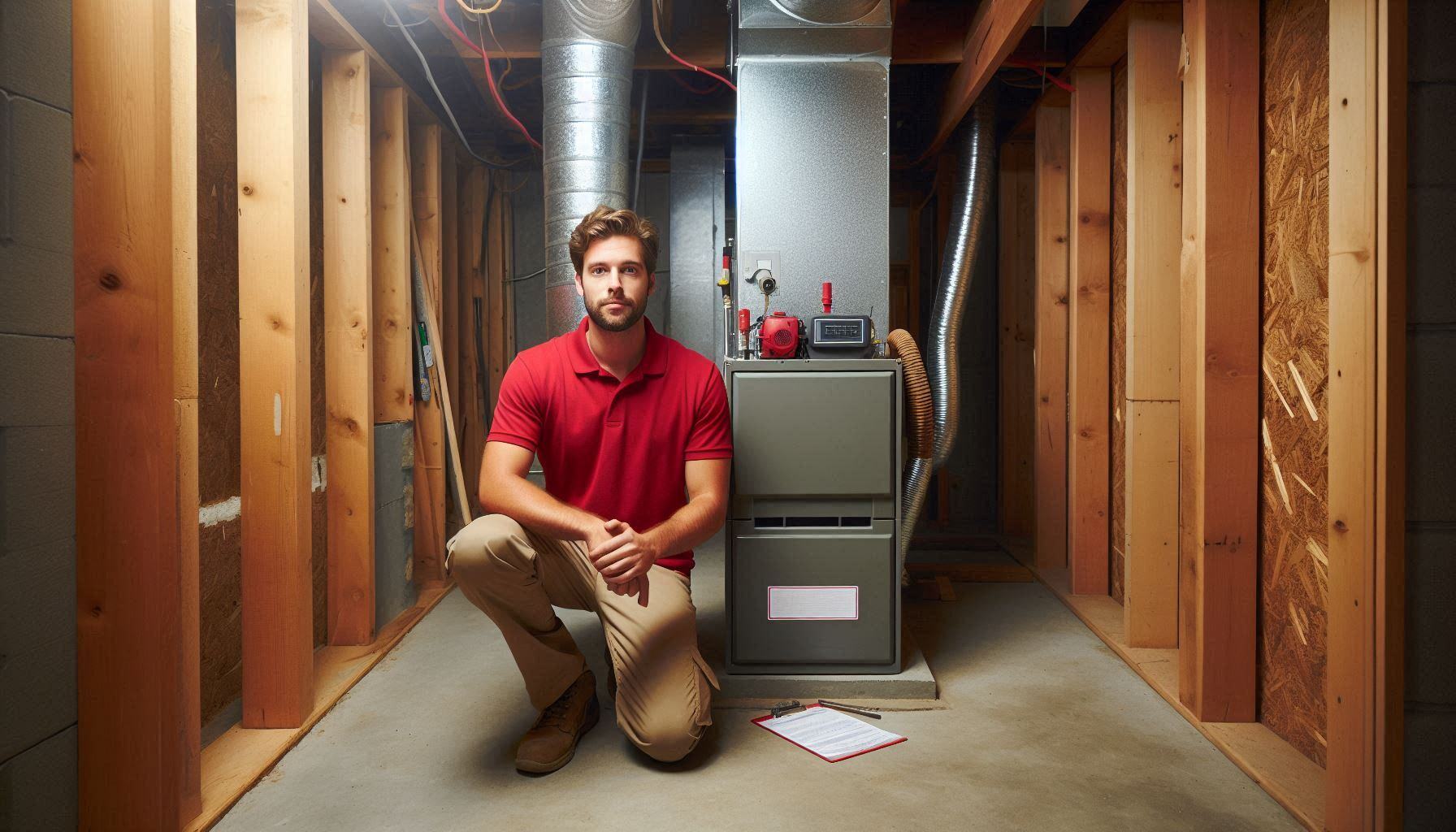 AI generated image of an HVAC service tech kneeling next to a furnace system in a basement with wooden stud walls and concrete floor.